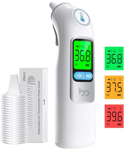 Femometer Termometro per la febbre per adulti e bambini, termometro per orecchie ad alta precisione, 30 memoria, allarme febbre a 3 colori, con 21 coperture monouso e scatola di immagazzinaggio