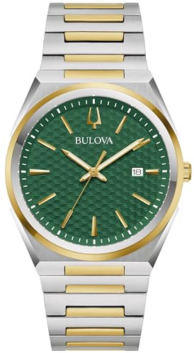 Bulova Mens Classic Quartz Two Tone Stainless Steel Watch, Green Pattern Dial, Style:98B444