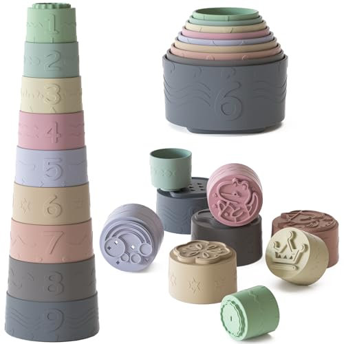 Silicone Tasses Empilable pour Bébé-Lot de 9, Jouet Bebe 3-6-12 Mois 1 an, Jouet Dentition Bébé Doux, Jeux Enfant Montessori Educatif Amusant, Cadeau Fille Garcon