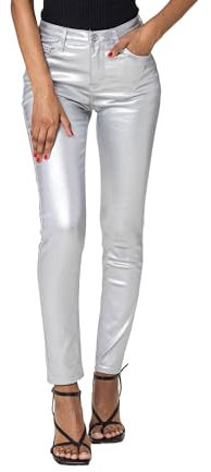 Nina Carter LC001 Damen High Waist Hose in Lederoptik Push-Up Stretchjeans, Silver (Lc001-9), L
