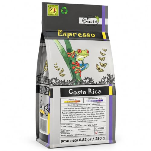 El Gusto Espresso Kräftige Röstung 250g Ganze Bohnen | 100% Arabica Costa Rica, Intensive Crema & Schokoladiges Aroma, Säurearm & Magenschonend