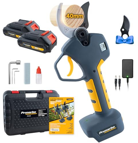 Prunarbo Sécateur Électrique Sans Fil 40 MM - Léger Sécateur sur Batterie 2x2000mAh 18V Brushless LCD Affichage SK5 Lame Outils Jardin Vigne (PR-E40)