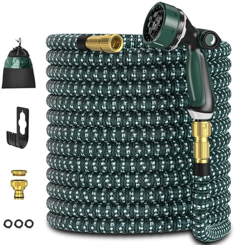 Ultty Flexibler Gartenschlauch, Ausziehbare Garten Schlauch mit 10 Funktions Brause, Leichter Flexibler Schlauch mit 3/4 und 1/2 Zoll soliden Messinganschlüssen und 3 Lagigem Latexkern, 15 M Grün