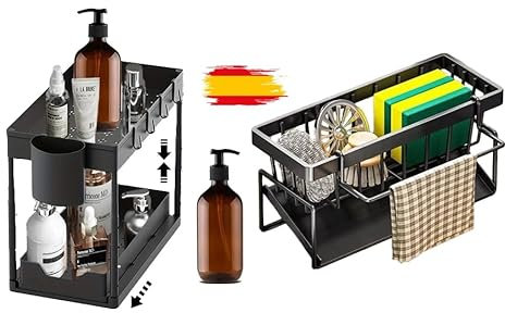 Mmas organizador bajo fregadero - Estante extraible para Cocina y Bano, Sistema deAlmacenamiento de estropajos (incluye Soporte para Productos de Limpieza) y 2 dispensadores de 500 ml.