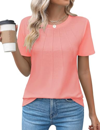 Chicrise Oberteil Damen Kurzarm Rundhals Einfarbig Elegant Luftige Bluse Casual Pleated Lose Basic T-Shirt Koralle Groß 42-44