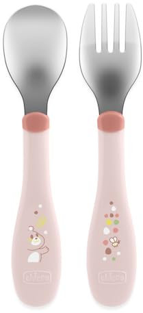 Chicco Posatine Inox, Posate Bambini, Set Pappa, Forchetta e Cucchiaio per Bambini, in Acciaio Inossidabile, Facili da Impugnare, Set Svezzamento Prima Pappa, 2 Pezzi, 18M+, Rosa