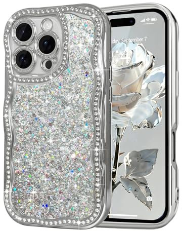 Ethanger for iPhone 16 Pro Crystal Rhinestone Case, Luxury Silver Case with Diamond Accents Electroplated Wave Bumper Design Girly Women Shockproof Cover for iPhone 16 Pro, Silver