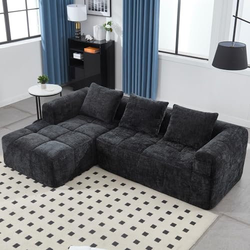 LIFEISLE Modernes Sektionssofa L-Sofa, Ecksofa mit Chaiselongue und Armlehnen, Chenille Couch mit Seitentasche, Keine Installation erforderlich Schwarz