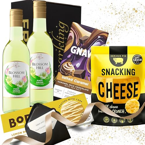 White Wine and Chocolate Gift Set – 2x Mini Blossom Hill Pinot Grigio Bottles 187ml with Cheese, Biscuits & Salted Caramel Chocolate – Wine Hamper Gift for Women, Men, Birthdays or Congratulations
