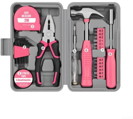 Kit di 24 attrezzi con strumenti essenziali per uso domestico, include tronchesi, martello e altro (rosa)