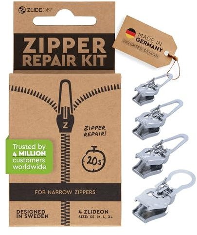 Zlideon Zipper Repair Kit for Narrow Zippers Multipack - 4pcs - Silver | Instant Zipper Pull Replacement Slider for Dresses Bedding Hoodies Light-Jackets Sportswear, Easy to Install, Made in Germany