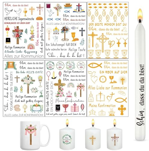 Yolistar 6 Stück A5 Taufkerze Kerzensticker, Kommunion Sprüche Sticker, Kerzen Dekorieren, Baby Kerzentattoos, Fisch Taufkerze, Kerzenfolie Rub On Sticker, für Taufkerzen, Babygeburt Geschenk