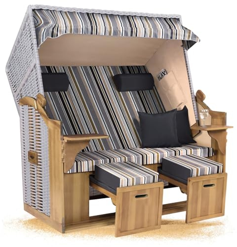 Strandkorb Hanse Ostsee XXL 2,5 Sitzer Volllieger Weiß 150cm breit, ideal für Garten, Terrasse und Balkon (Oliv Grau Weiß Gestreift, Zerlegt)