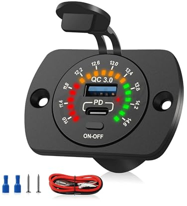 Wired Campers 12V Battery Voltmeter & USB C PD 30W Port & Quick Charge 3.0 USB A Charging Port 18W