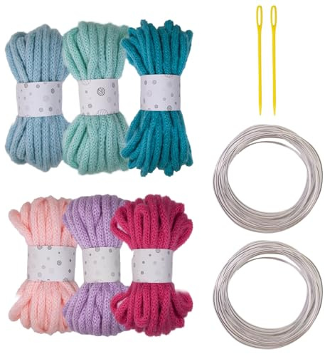 6 rotoli di corda in poliestere da 7 mm x 5 metri, colori assortiti, corda intrecciata cava con ago e filo metallico per scolpire fili per lavori a maglia