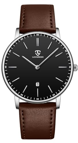 aswan watch Flache Herren Analog Quarz Armbanduhr mit Lederarmband, Datum, 2 Zeiger, 39 mm Gehäusegröße