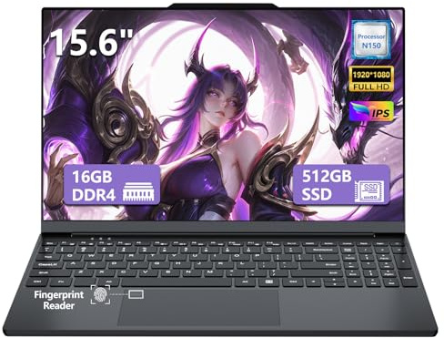 PC Portatile da 15,6 Pollici con Celeron N150 Processor, 16GB RAM 512GB SSD, Notebook Win 11 con Tastiera Retroilluminata Sblocco Impronta Digitale, Laptop Computer Portatile WiFi5 BT4.2 USB3.0 HDMI