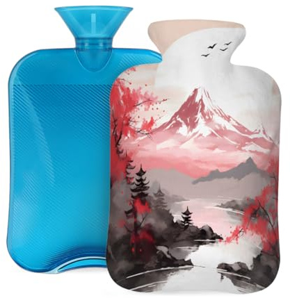 Myfsucce 2L Hot Water Bottle with Cover Japanese Fuji Mountain Print - Reusable PVC Hot Water Bag for Pain Relief, Cramps & Warmth (12.2x8in)