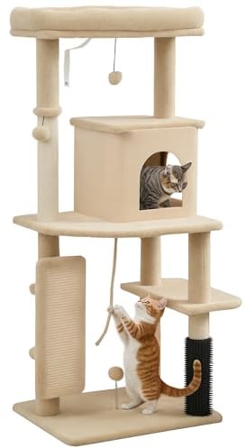 PawHut Cat Tree for Indoor Kittens, 132cm Cat Tower with Scratching Posts and Pad, Bed, House, Jumping Platform, Grooming Brush, Toy Balls, Anti-Tip Kit, Cat Climbing Frame, Beige