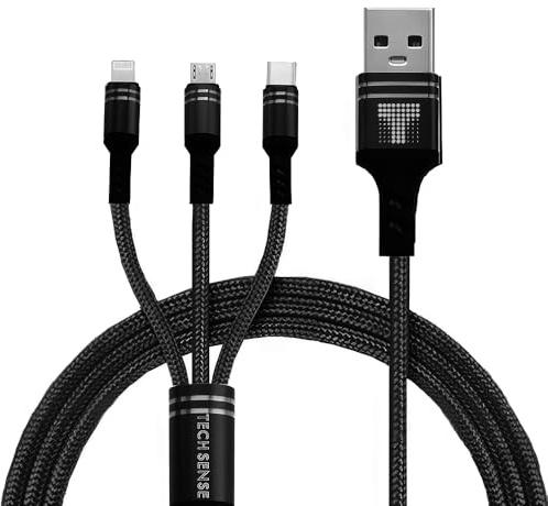 TECH SENSE Multi Charger Cable, 3 in 1 Charging Cable 3A Fast Charging Cable (1.2m), Multiple USB Charger Cable with Micro USB/Type C Cable Compatible with iPhone, Samsung, LG, PS5 (Black)