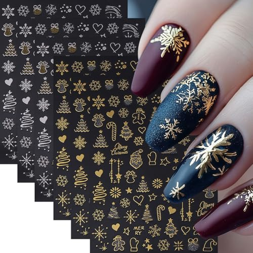 Celblisora 6 Bögen Weihnachtsnagelsticker,Gold Silber Schneeflocken Schneemann Nagelsticker,3D Selbstklebende Nagelsticker mit Weihnachtsbaum Motiv,Lebkuchenmann Nageldesign