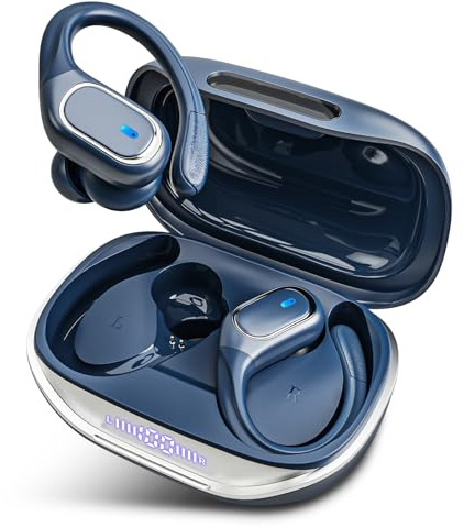 HAOYUYAN Auriculares inalámbricos Bluetooth 5.3 con reproducción de 80 horas, IPX7 impermeables, con pantalla LED de alimentación para deportes, correr, entrenamientos (azul marino)