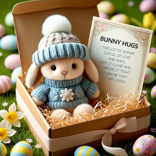 Mini Bunny Hug Cute Easter Gift, 2026 Neu Positive Easter Bunny Plush Toy, Osterhasen Deko with Knitted Hat Inspirational Card Eas-ter Plush Bunny Pocket Hug Rabbit Geschenk für Ostern Familie Freunde