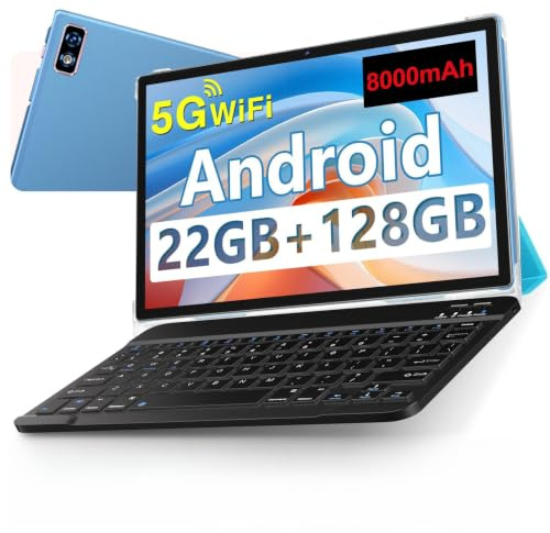 Tablet Android 14 Tablet 10 Pollici, 22GB RAM + 128GB ROM (TF 1TB), 5G WiFi Tablet, Widevine L1/ Octa-Core/ 8000mAh/ Corpo Metallico/ 8+5MP/ Supporto Netflix, 2 in 1 Tablet con Tastiera e Mouse- Blu