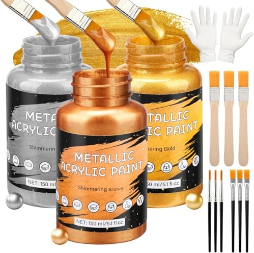 Peinture acrylique métallique 450ml, or argent feuille de bronze 3 couleurs | Peinture acrylique dorée imperméable pour toile bois argile tissu céramique pierre verre, Fournitures pour loisirs créatifs
