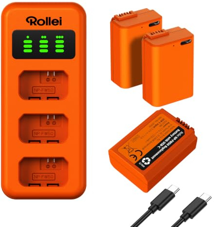 Rollei NP-FW50 3er Pack Akkus & Ladegerät 3-Fach-Schnellladung mit USB-C | 100% Kompatibel mit Sony ZV-E10 A7 Serie, A6000, A6500, A6300, A6400, A5100, A5000,A3000, A55,RX10