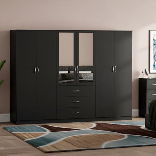 Vida Designs Riano 6 Door 3 Drawer Mirrored Wardrobe | Black | Bedroom Furniture | 175H x 230W x 54D cm | With Storage Shelf & Hanging Rail | Large Capacity Storage