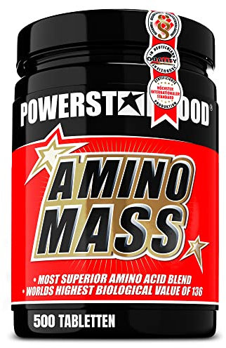 Powerstar AMINO MASS | Aminosäuren Komplex HOCHDOSIERT | 500 Tabletten | Weltweit höchste Biologische Wertigkeit 136 | Muskelaufbau, Workout & Protein-Bedarf-Deckung | Deutsche Herstellung
