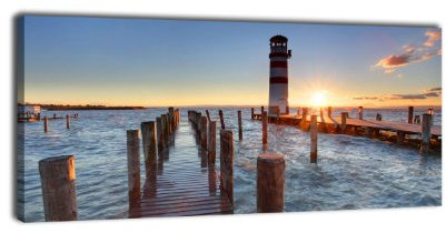 wandmotiv24 Leinwandbild Panorama Nr. 182 Leuchtturm mit Pier 100x40cm, Keilrahmenbild, Bild auf Leinwand, Landschaft Natur See