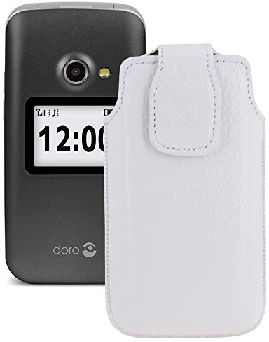 Suncase Original Tasche für Primo 413 by Doro/Tiptel Ergophone 6020-6021 Klapphandy/Leder Etui Handytasche Ledertasche Schutzhülle Case Hülle/vollnarbiges-Weiss