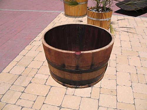 JUNIT 115L Eichenfasshälfte D.72cm,H.45cm Blumenkübel Schwarze Ringe Weinfass Pflanfkübel Eichenfass Holzfass Miniteich