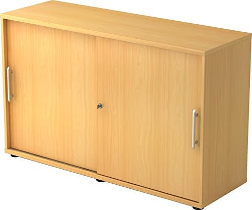 bümö Schiebetürenschrank 2OH - Aktenschrank abschließbar, Sideboard Schrank mit Schiebetüren in Buche - Büroschrank aus Holz mit Schiebetür, Büro Kommode für Ordner & Co.