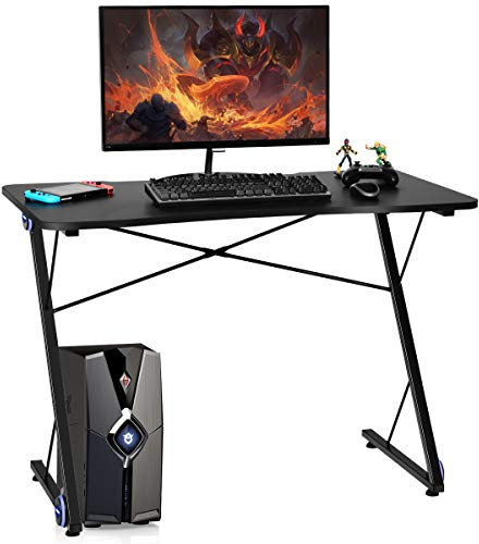 CASART Black Computer Desk, Z-Shaped PC Workstation with LED Lights, Racing Gaming Desks for Study Office Home Indoor