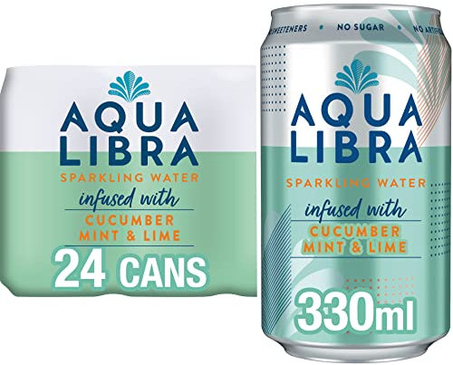 Aqua Libra Sparkling Water - Natural Flavour - No Sugar - Low Calorie - Refreshing - Cucumber, Mint and Lime - 330 ml - Pack of 24 cans