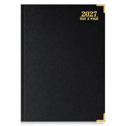 EJRange 2027 A4 Day Per Page Diary – Half-Hourly Appointment Book with Times, Day-to-View Planner, PU Leather Padded Hardback, Ribbon Marker – Black & Gold