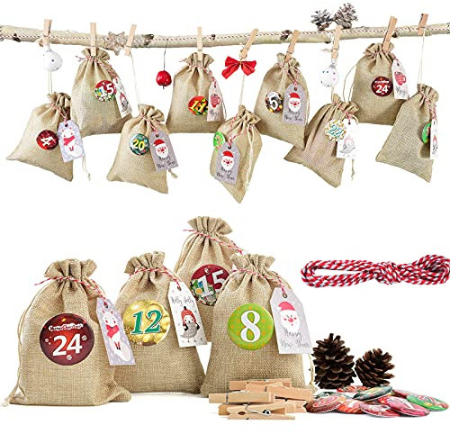 Adventskalender zum Befüllen, 24 Stoffbeutel zum Selberfüllen und Aufhängen, 2025 Weihnachten Geschenksäckchen