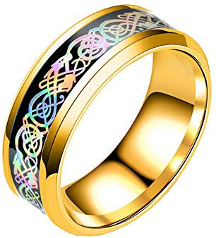 HIJONES Herren Edelstahl Regenbogendrache Keltischer Drachen Ring Mit Carbon Fiber Inlay Ehering 8MM Gold Größe 70