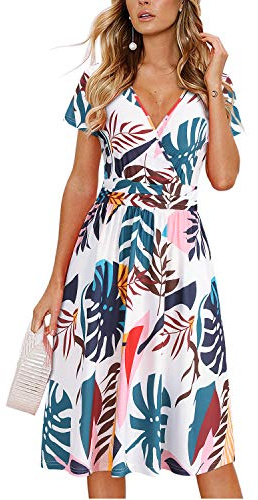 OUGES Women's Summer Short Sleeve V-Neck Floral Casual Ladies Dress with Pockets(FloralQ,S)