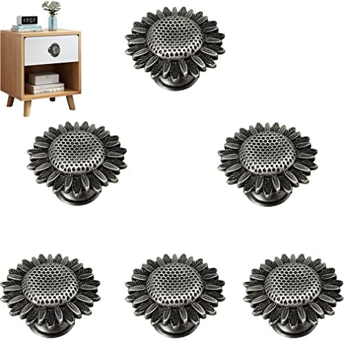 RRRuo Sunflower Drawer Pulls Cabinet Knobs Handles Single Hole Knobs Wardrobe Dresser Cupboard Closet Door Home Kitchen Decoration 6 Pieces (Antique Pewter)