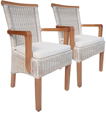 kreatives Wohnen Esszimmer Stühle Set mit Armlehnen 2 Stück Rattanstühle Perth mit Sitzkissen Leinen weiß, Holz, Extra breit