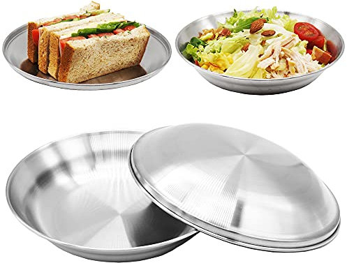 MANIPAM Korean Stainless Steel Plate Set of 4 - 2 Camping Plates With Lids - Unbreakable 8.3 Inch Metal Plates Safe For Kids - Reusable Dinner Bowls For Snacks, Salad or Meals - Dishwasher Safe