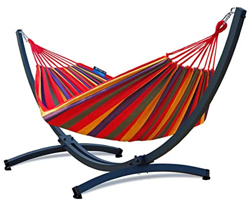Potenza Outdoor Hängematte mit Tytan Gestell für 2 Personen I Baumwolle Doppelhängematte XXL 220x160, 200kg I Hängemattengestell 350 kg, wetterfest (Rot, Basic Gestell Graphit)