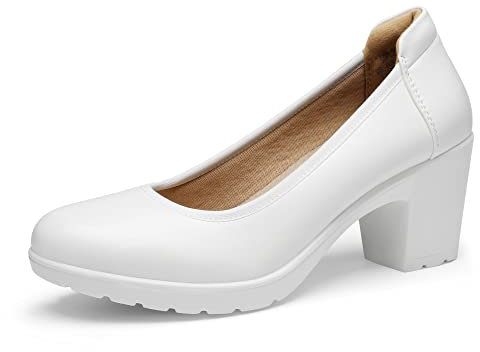 DREAM PAIRS Womens Edena Chunky Closed Toe Low Block Heels Work Pumps Comfortable Round Toe Dress Wedding Shoes SDPU2230W,Size 5.5,White,SDPU2230W