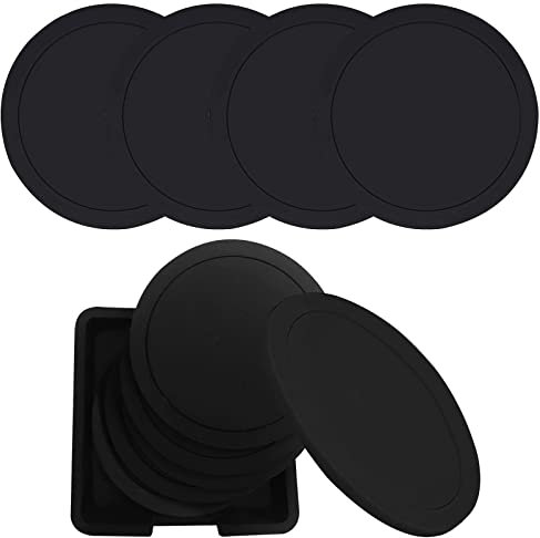 6 Pieces Non Slip Silicone Coasters, Black Matte Rubber Drink Coasters with Holder, PVC Decorative Round Coasters for Hot Cold Drinks, Beer, Homes, Bars