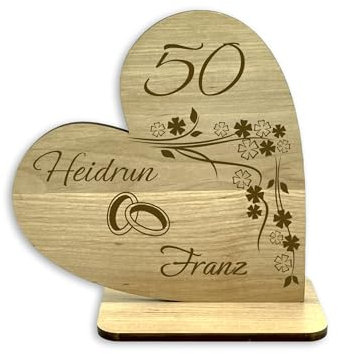 KS Laserdesign Deko Holz Herz -Goldene Hochzeit- Geschenke zum 50 jährigen Jubiläum der Hochzeit, personalisiert mit Namen, Hochzeitstag, Ehegeschenke, für Frauen & Männer
