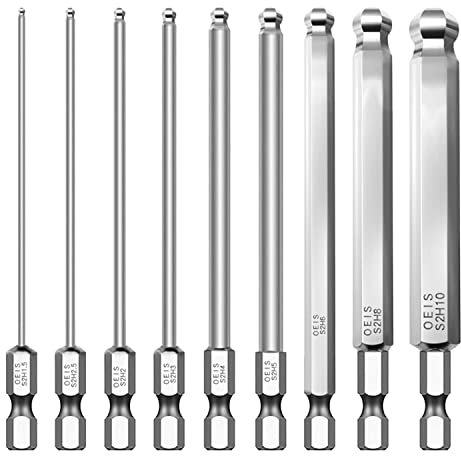 9 Teilig 1/4 Zoll Kugelkopf Sechskant Schraubendreher Bit Set, 100mm S2 Legierter Stahl Magnetischen Kugelkopf Sechskantschaft Bits Set, Hex Bit Set Lang, H1,5/2/ 2,5/3/ 4/5/ 6/8/ 10mm